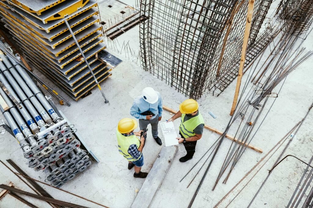 Construction site managers reviewing plans while wearing specialized branded safety gear and customized compliance apparel from Right Exposure.