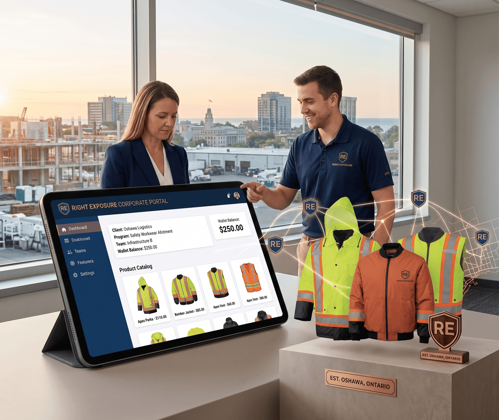 Right Exposure digital corporate safety procurement portal and custom high-visibility workwear apparel for Ontario businesses