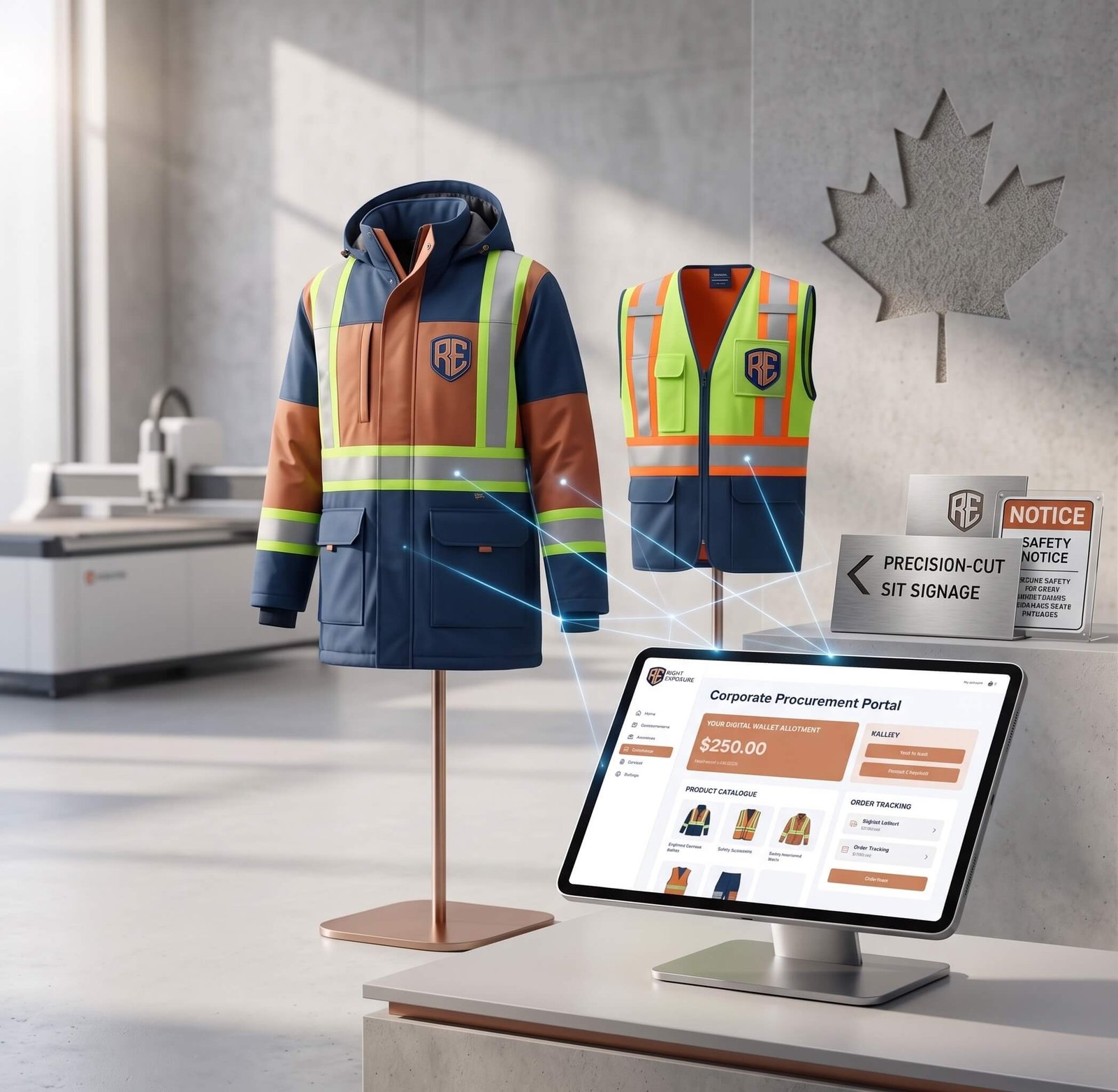 Right Exposure conceptual image illustrating an automated B2B corporate procurement portal for safety gear. Two high-visibility jackets with "RE" logos (parka and vest) are connected via digital lines to a monitor displaying a digital wallet balance of $250.00. Precision-cut site signage examples are shown next to a large, textured Canadian maple leaf wall emblem, demonstrating integrated supply chain and customized compliance solutions for construction and infrastructure businesses in Oshawa, Ontario.