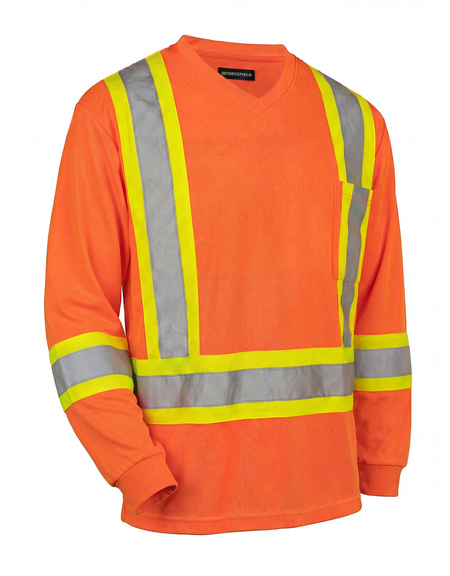 Forcefield Hi Vis V-Neck Long Sleeve Safety Tee with Chest Pocket