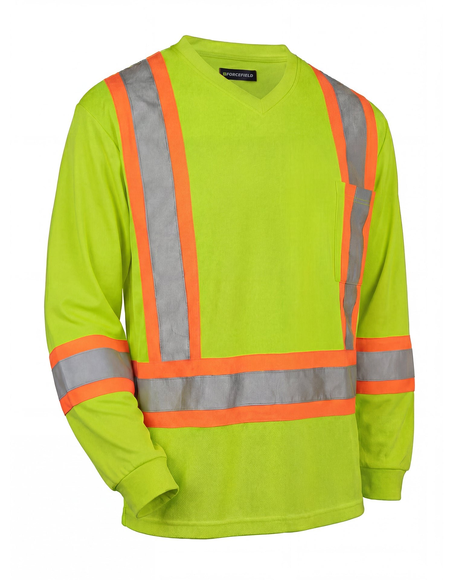 Forcefield Hi Vis V-Neck Long Sleeve Safety Tee with Chest Pocket - Image 3
