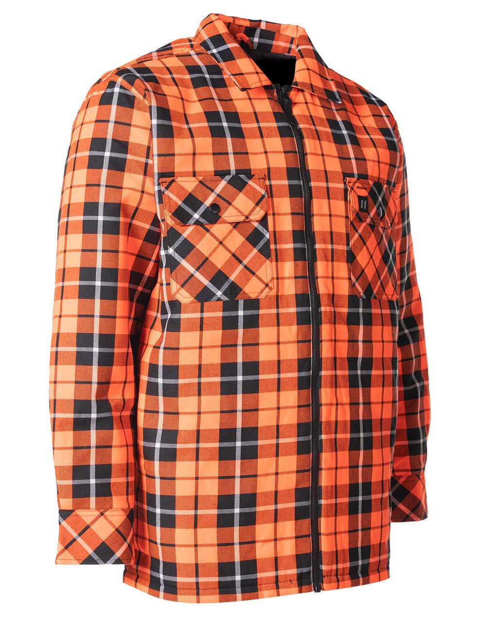 Forcefield Hi Vis Orange Tartan Plaid Quilted Flannel Shirt Jacket with Front Zip - Image 2