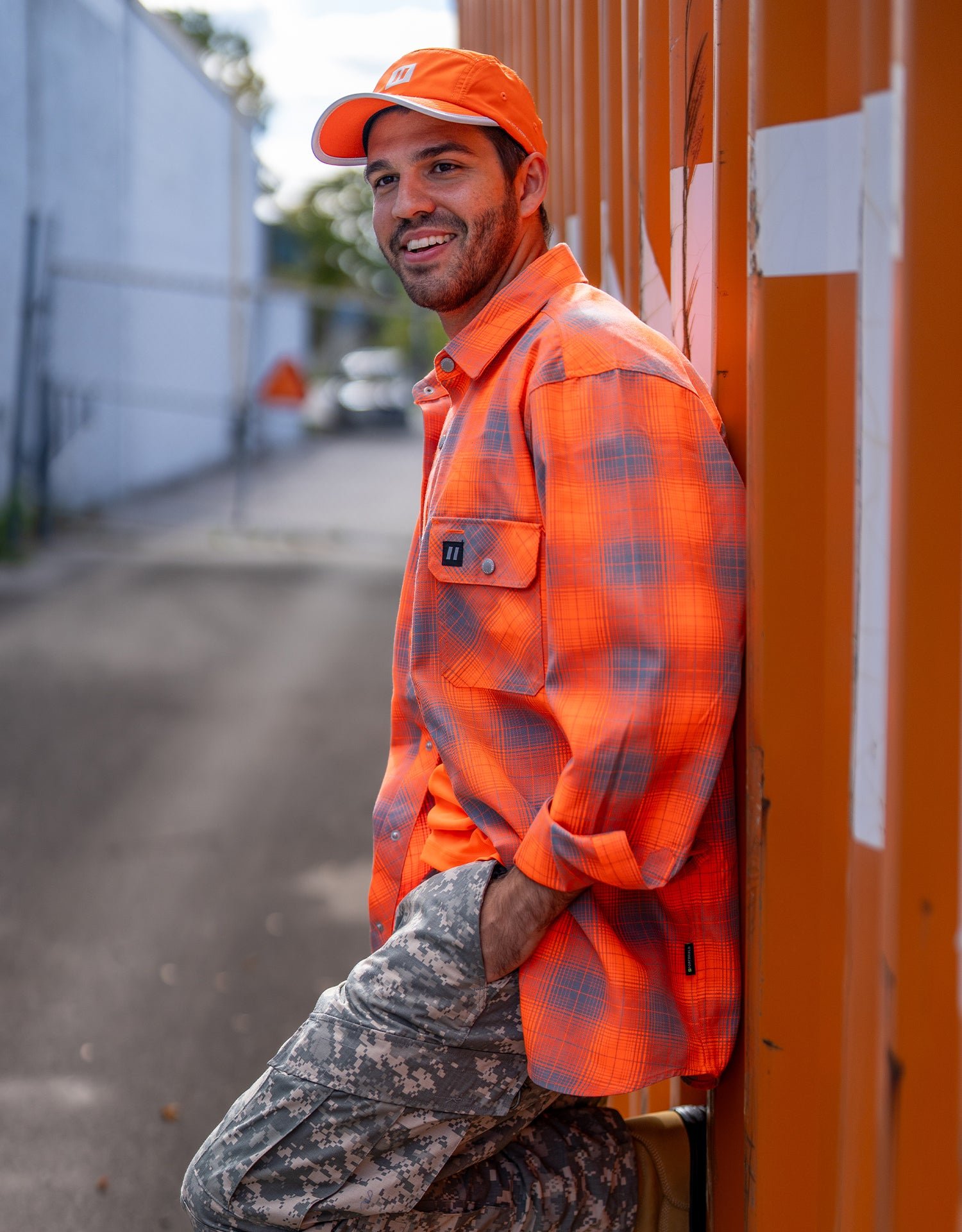 Forcefield Hi Vis Orange Shadow Plaid Quilted Flannel Shirt Jacket