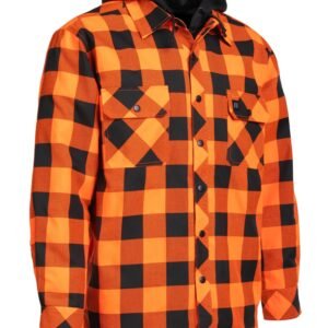 Forcefield Hi Vis Orange/Black Buffalo Plaid Hooded Quilt-Lined Flannel Shirt Jacket