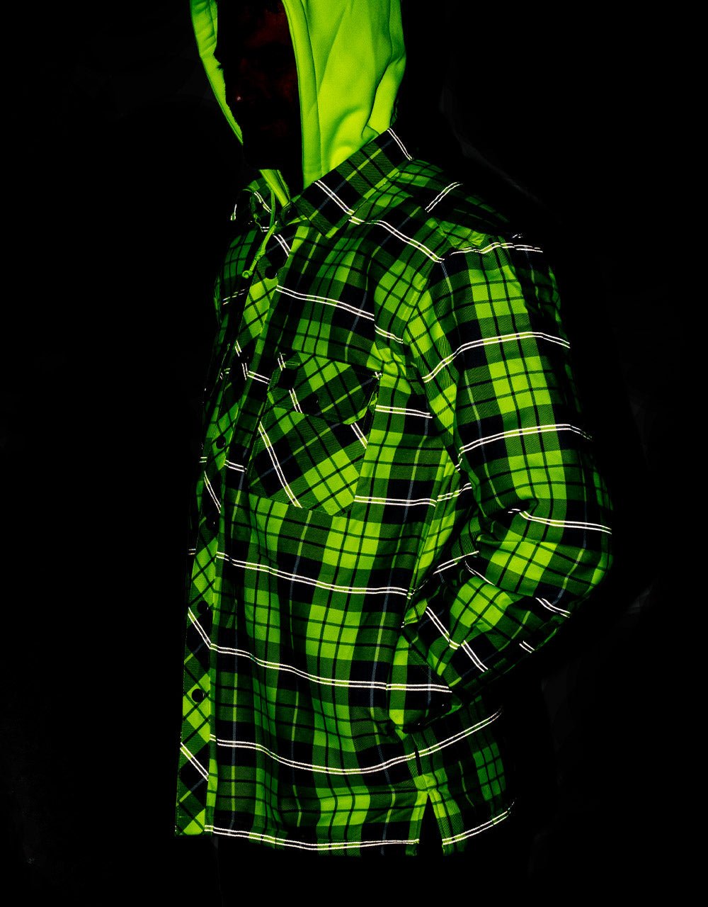 Forcefield Hi Vis Plaid Hooded Quilted Flannel Shirt Jacket with Reflective Striping - Image 3
