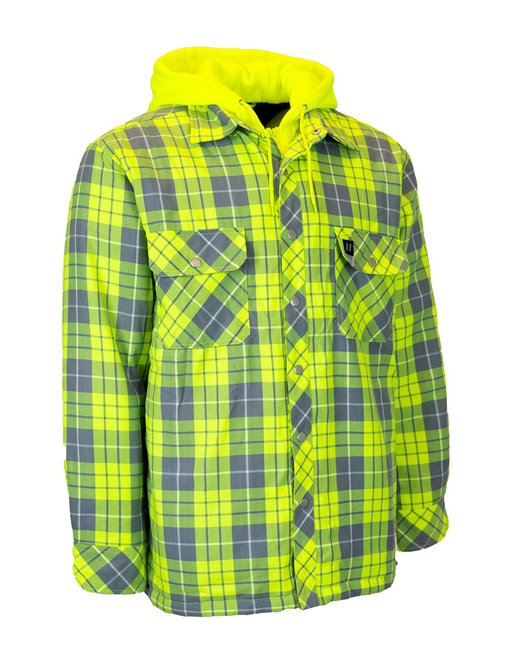 Forcefield Hi Vis Plaid Hooded Quilted Flannel Shirt Jacket with Reflective Striping - Image 2