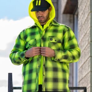 Forcefield Hi Vis Black Shadow Plaid Hooded Quilt-Lined Flannel Shirt Jacket