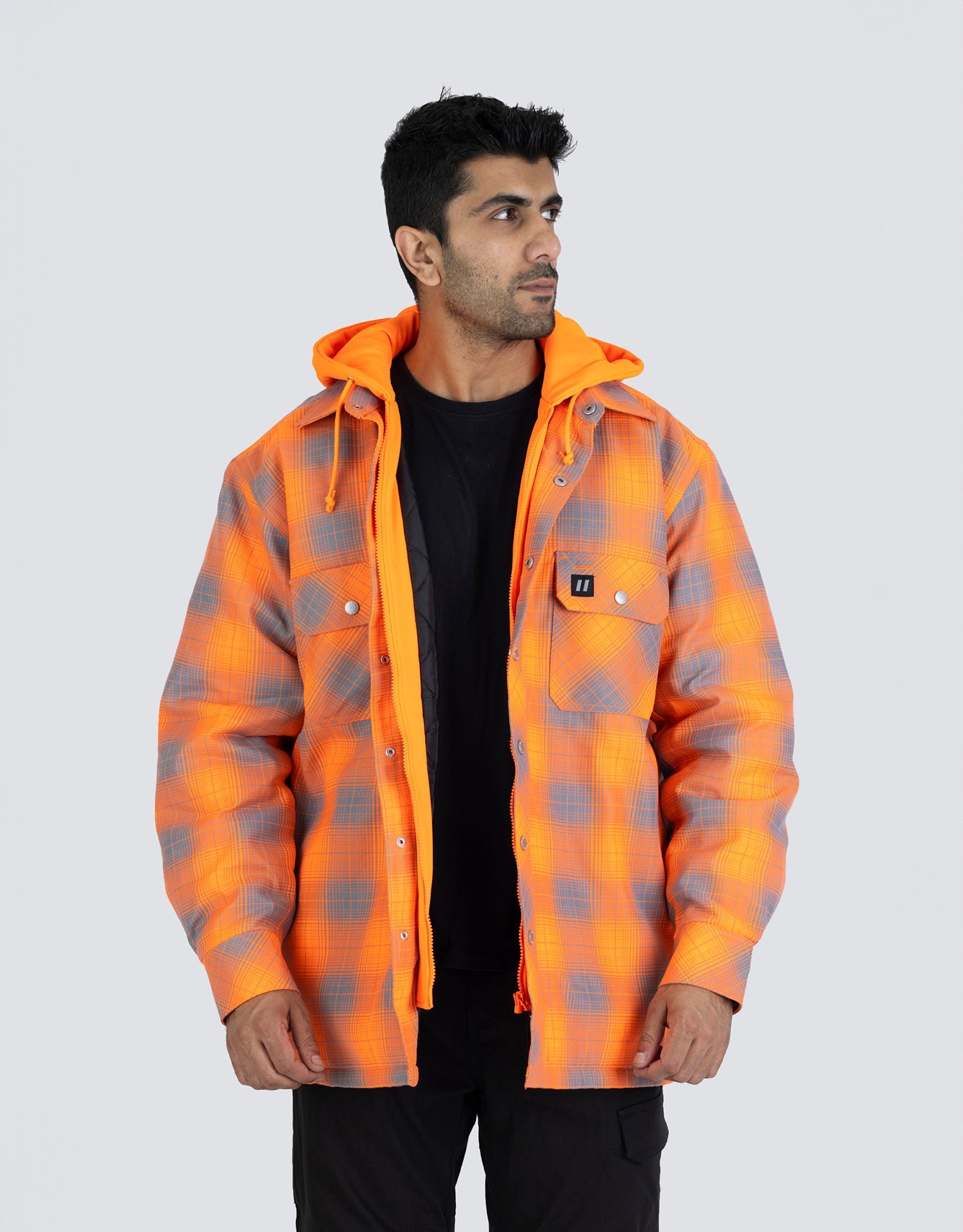 Forcefield Hi Vis Orange Shadow Plaid Hooded Quilt-Lined Flannel Shirt Jacket - Image 2