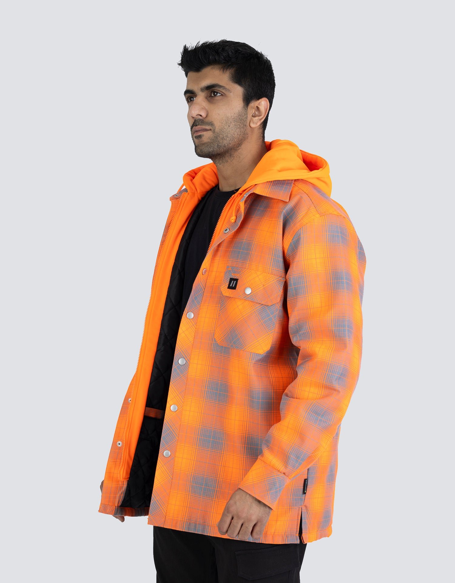 Forcefield Hi Vis Orange Shadow Plaid Hooded Quilt-Lined Flannel Shirt Jacket - Image 3
