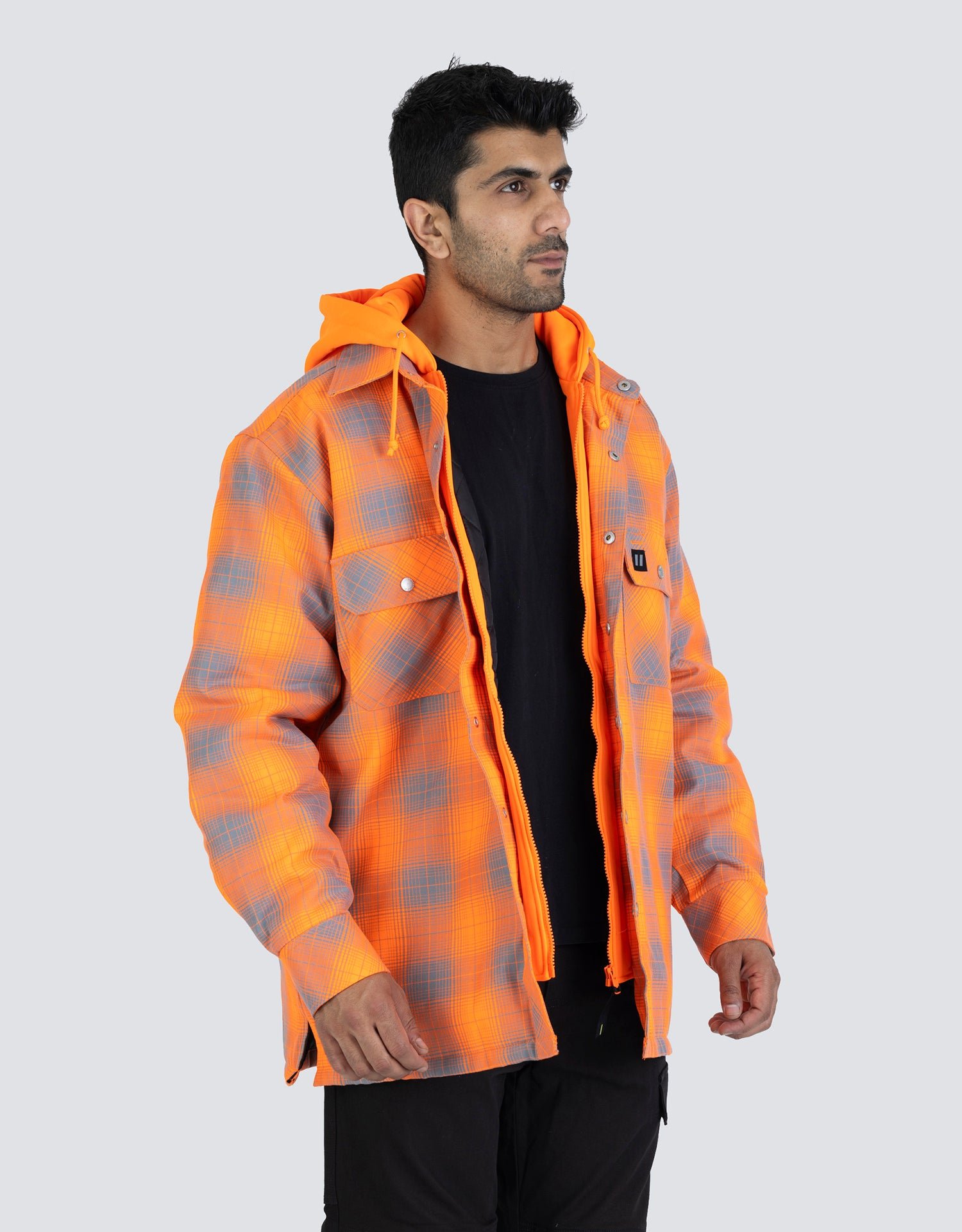 Forcefield Hi Vis Orange Shadow Plaid Hooded Quilt-Lined Flannel Shirt Jacket - Image 4
