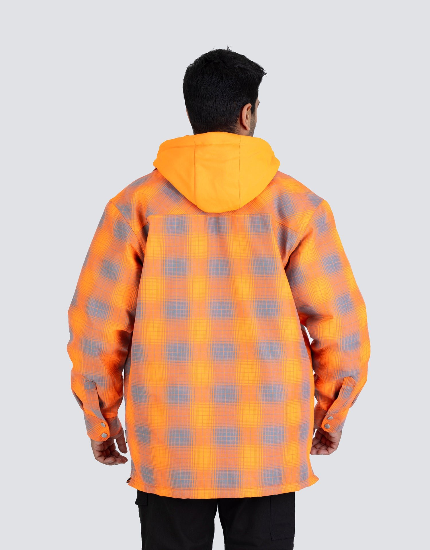 Forcefield Hi Vis Orange Shadow Plaid Hooded Quilt-Lined Flannel Shirt Jacket - Image 5
