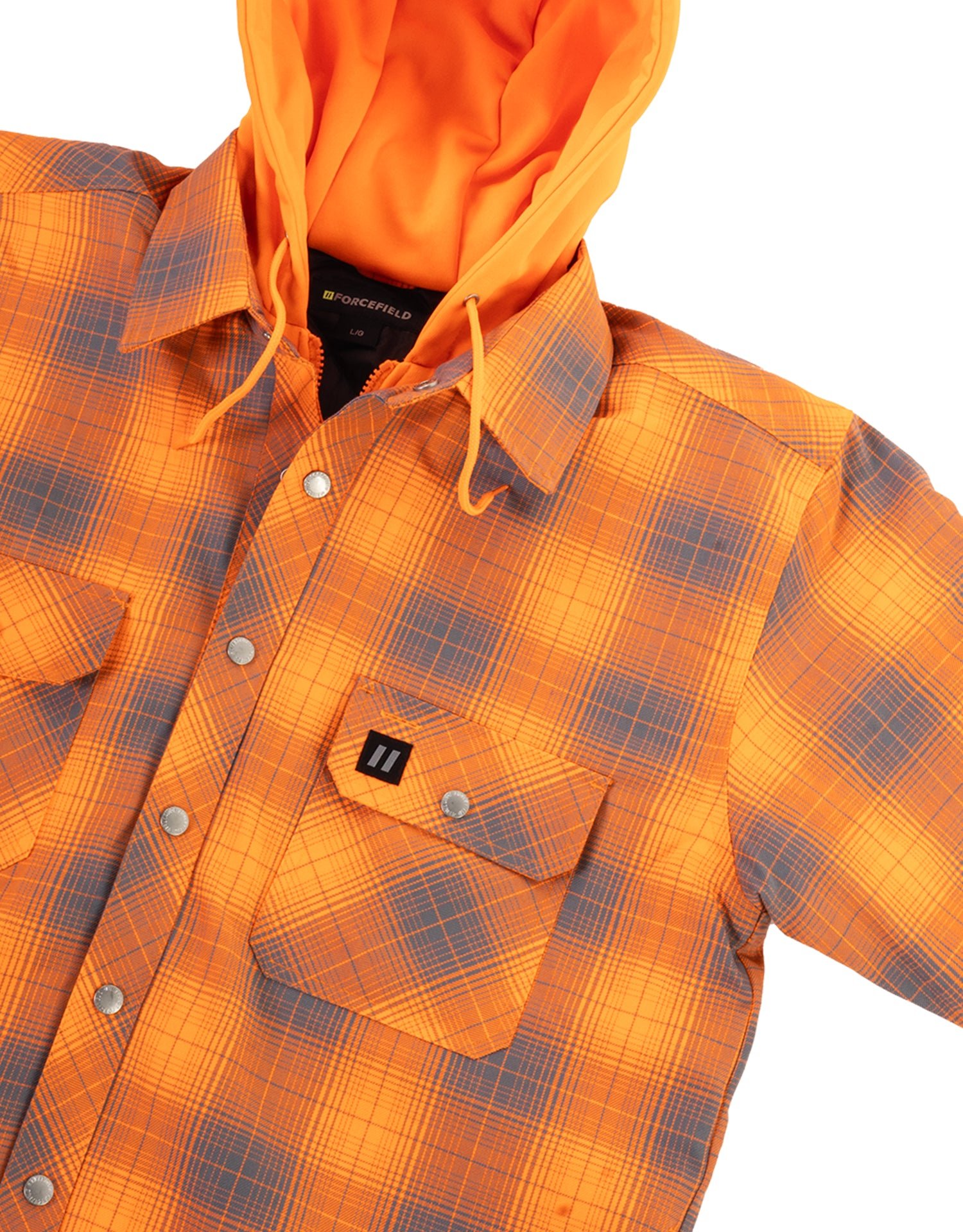 Forcefield Hi Vis Orange Shadow Plaid Hooded Quilt-Lined Flannel Shirt Jacket - Image 6