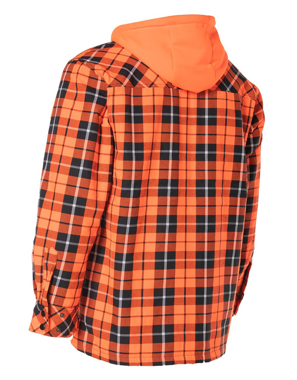 Forcefield Hi Vis Orange Tartan Plaid Hooded Sherpa-Lined Flannel Shirt Jacket with Front Zip - Image 3