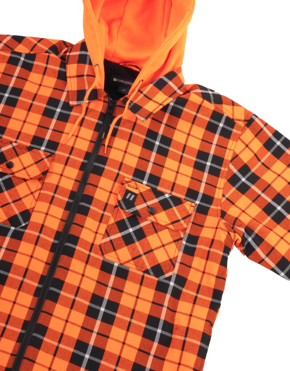 Forcefield Hi Vis Orange Tartan Plaid Hooded Sherpa-Lined Flannel Shirt Jacket with Front Zip - Image 2