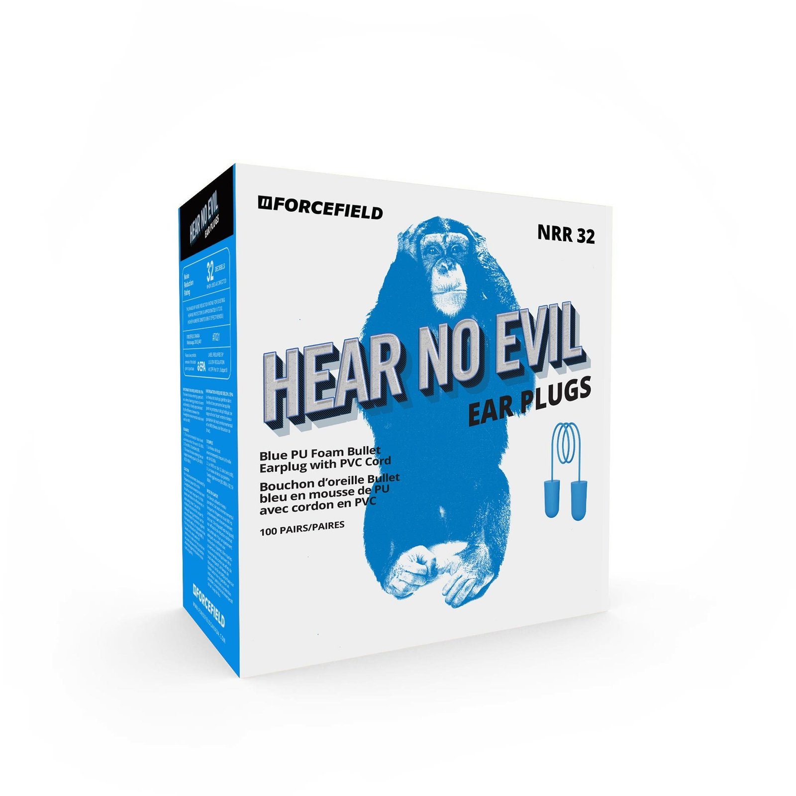 Forcefield "Hear No Evil" Blue Corded Form Detectable Earplugs, Box of 100 Pair