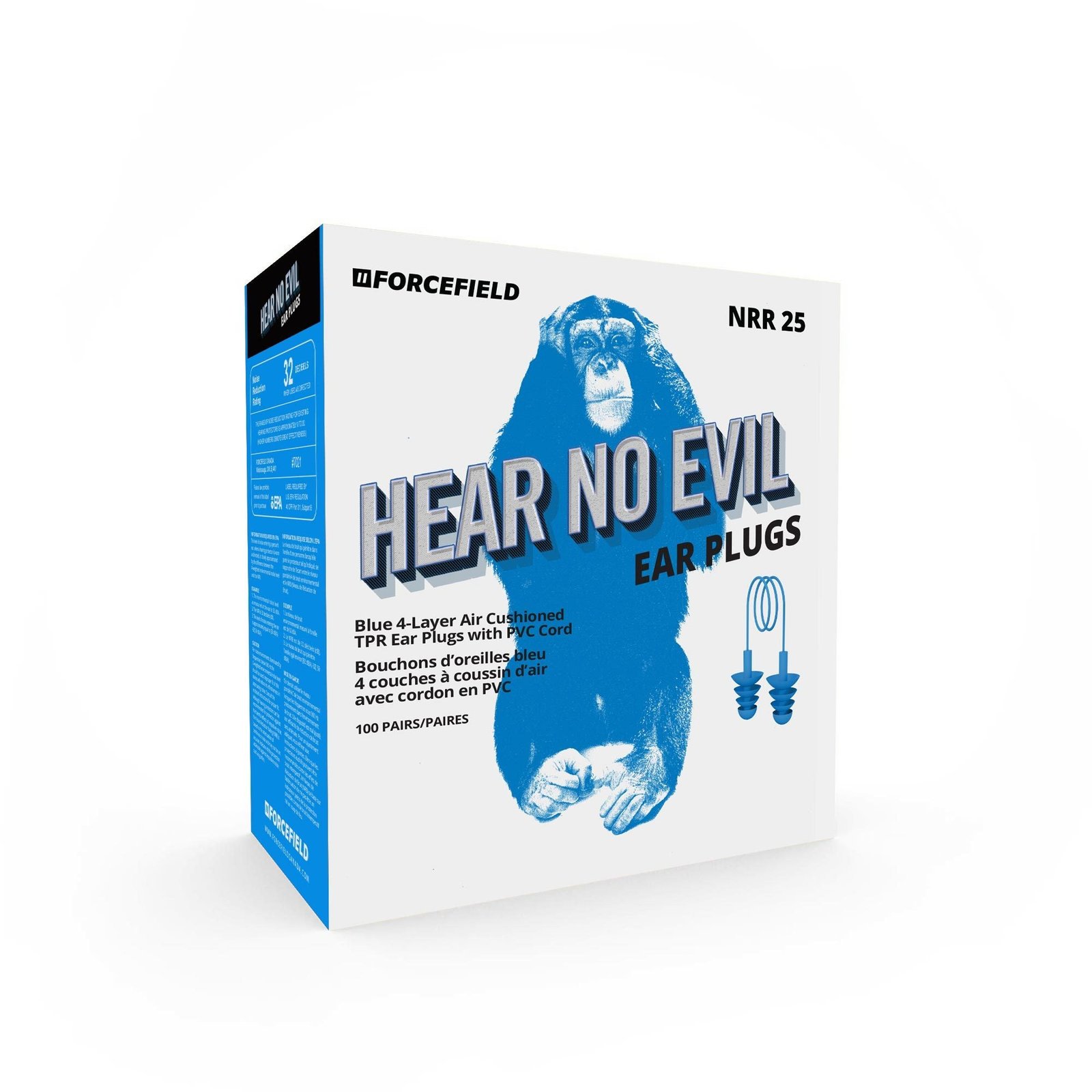 Forcefield "Hear No Evil" Blue Corded TPR Metal Detectable Earplugs, Box of 100 Pair