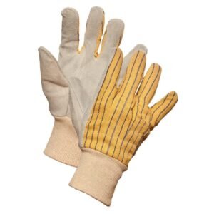 Forcefield Striped Cotton Back Leather Palm Work Gloves with Knit Wrist